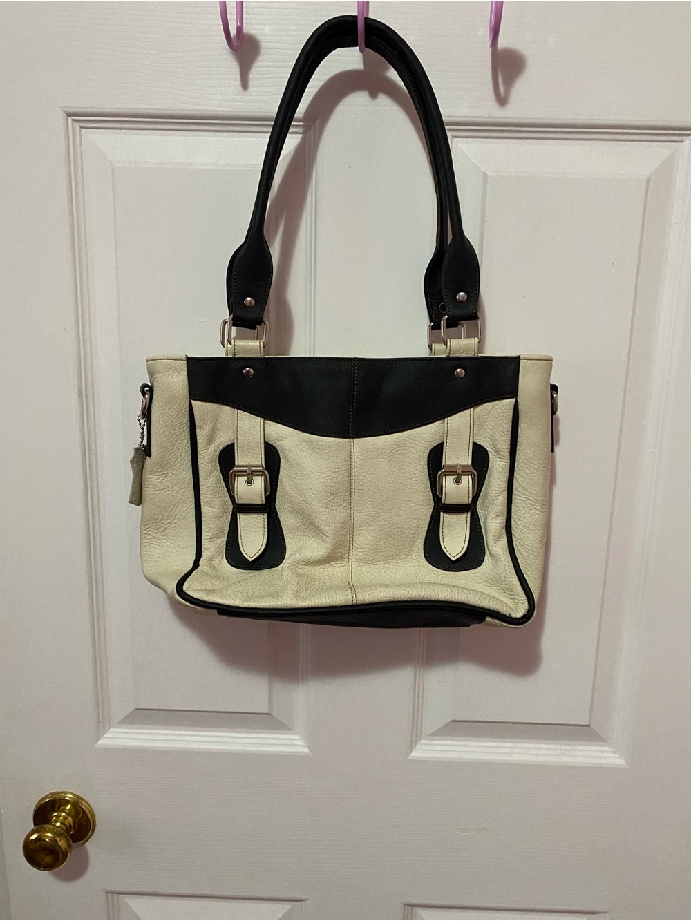 Vintage RARE Women’s Bag Cream and Black Leather Bag - Picture 2 of 13